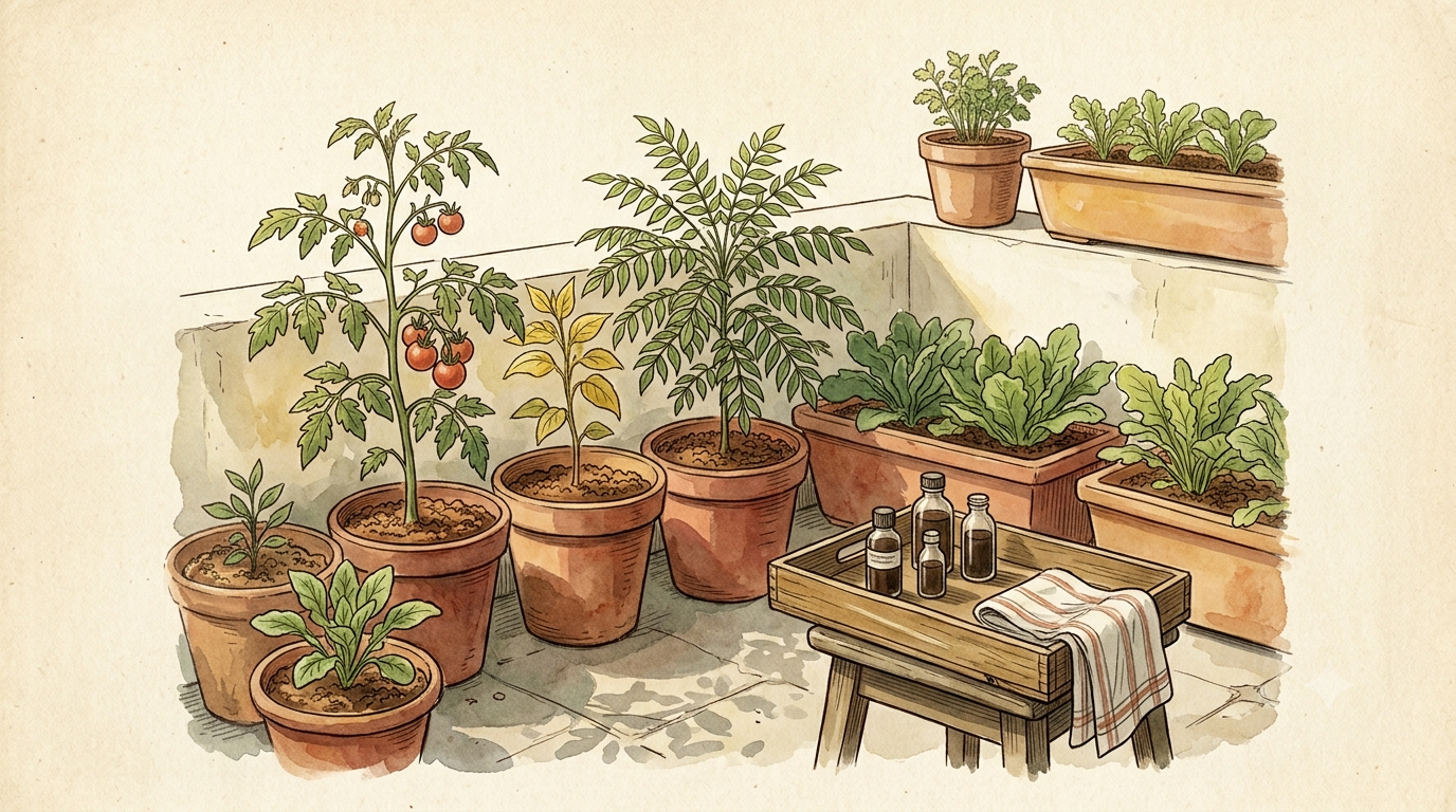 Balcony garden with terracotta pots and organic fertilizers